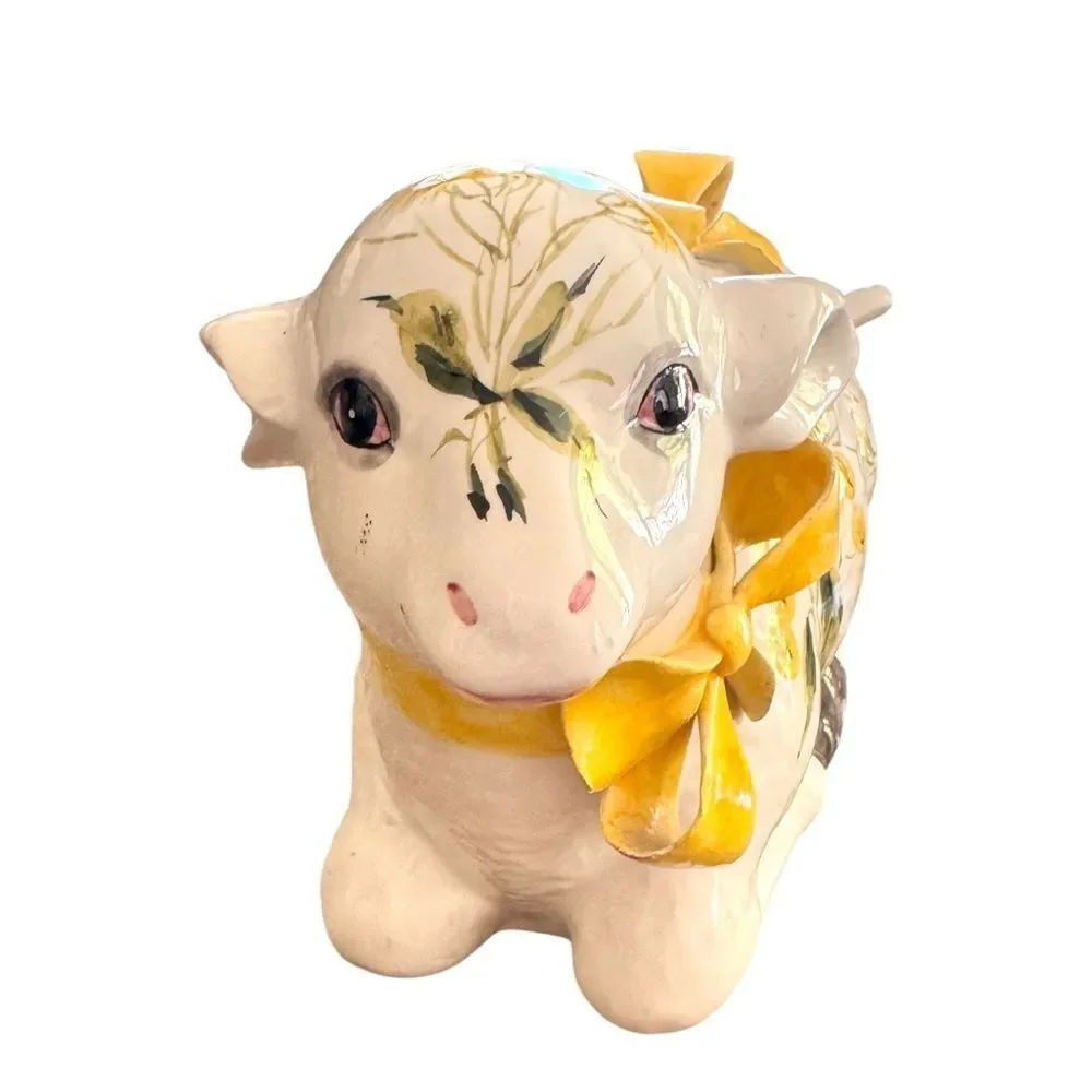 Vintage Italian Lamb Soup Tureen,Spoon Hand-Painted Yellow Mimosa Mid-Century